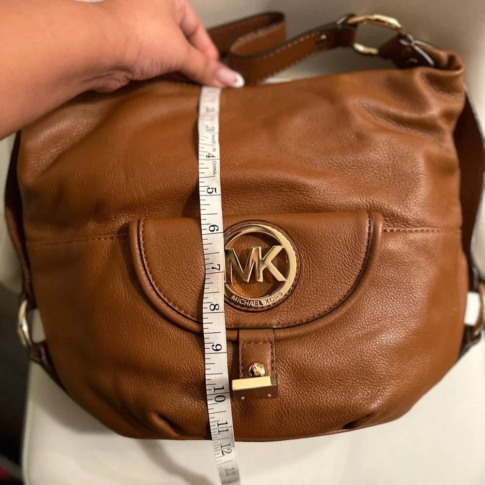 Michael Kors Brown Pebbled Leather Fulton Hobo Bag with Logo Flap Front Pocket